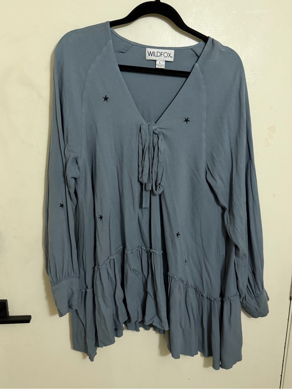 Wildfox Green Gray Teal Tunic Top with Black Star Accents Bow detail